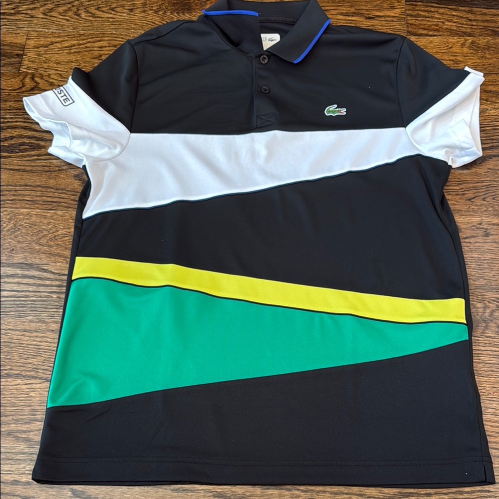 Lacoste Black and Green Polo Shirt with Color Block Design